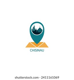 Chisinau city map pin point geolocation modern skyline vector logo icon isolated illustration. Moldova capital pointer emblem with landmarks and building silhouettes