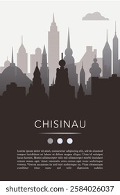 Chisinau city template for website, presentation, front page, invitation, publication sheet with skyline, landmarks. Vector Moldova image layout, simple and grayscale