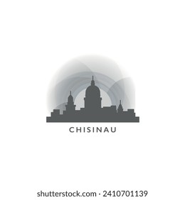 Chisinau cityscape skyline city panorama vector flat logo, modern icon. Moldova emblem idea with landmarks and building silhouettes, isolated clipart at sunset, sunrise, night