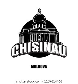 Chisinau, Moldova, black and white logo for high quality prints. Hand drawn vector sketch.