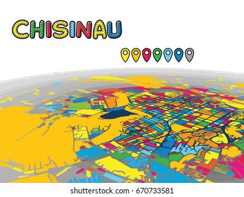 Chisinau, Moldova, Downtown 3D Vector Map of Famous Streets. Bright foreground full of colors. White Streets, Waterways and grey background areal. White Horizon.