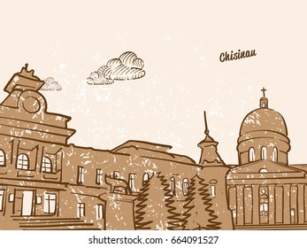 Chisinau, Moldova, Greeting Card, hand drawn image, famous european capital, vintage style, vector Illustration