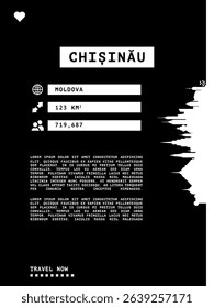 Chisinau, Moldova vector infographics, brochure black and white layout. Guide, leaflet, flyer, graphic template with text, information, skyline contour. Page, festival, cover mock up image