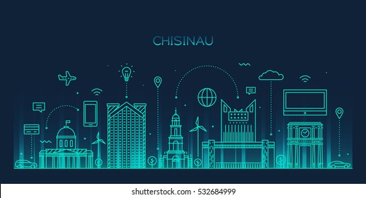 Chisinau skyline, detailed silhouette. Smart city concept, business communication. Trendy vector illustration, linear style