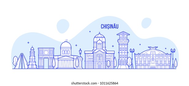 Chisinau skyline, Moldova. This illustration represents the city with its most notable buildings. Vector is fully editable, every object is holistic and movable