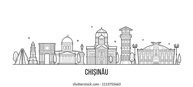 Chisinau skyline, Moldova. This illustration represents the city with its most notable buildings. Vector is fully editable, every object is holistic and movable