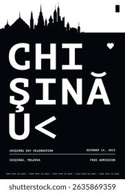 Chisinau typography minimalist vector poster for event, national festival, independence day, holiday layout. Brochure, leaflet, flyer, presentation monochrome image template with text for Moldova