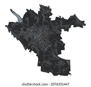 Chisinau vector map. Detailed vector map of Chisinau city administrative area. Cityscape poster metropolitan aria view. Black land with white buildings, water, forest. White background.