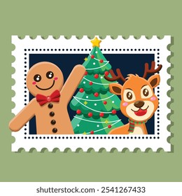 Chistmas card with snow man, ginger bread, and chistmas tree