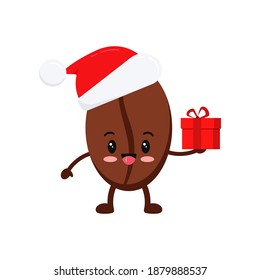 Chistmas coffee bean with gift in red Santa Claus hat icon isolated on background. Coffee  holiday character funny roast seed with present. Flat design cartoon vector winter xmas cafe design element.