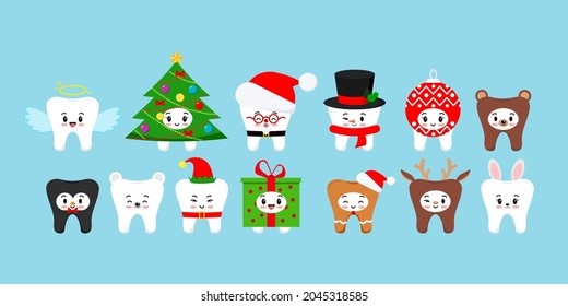 Chistmas cute teeth dental set in carnival costume isolated. Xmas white tooth character santa, deer, elf, christmas ball, tree, angel, giengerbread man, bunny. Flat design cartoon vector illustration.