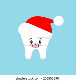 Chistmas cute tooth in braces in red Santa Claus hat isolated on background. Dental holiday sign - white tooth in bracket with winter holiday hat. Flat design cartoon vector stomatology illustration.