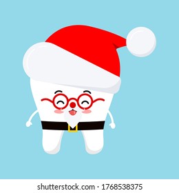 Chistmas cute tooth in Santa Claus costume - red hat icon in cartoon flat style isolated on white background.   Happy New Year costume graphic design element single image vector illustration.