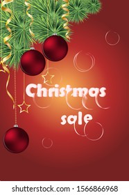 Chistmas discount, sale banner. Vector illustration with Christmas balls, stars and ribbons on red background with the inscription.Shop, market poster design.
