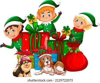 Chistmas elves and cute dogs in Christmas theme illustration