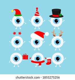 Chistmas eye, eyeball icon set isolated on background. Ophthalmology xmas winter health eyes character in santa hat, deer horns, elf, christmas gift, red sock. Flat design cartoon vector illustration.