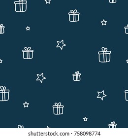 Chistmas gifts and stars dark blue seamless pattern