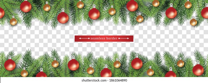 Chistmas holiday seamless border set for bottom and top side of page isolated on transparent background - Christmas tree branches with baubles, vector illustration.