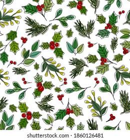 Chistmas nature leaves and berries cartoon outlined vector illustration, unfit colored over white background, seamless pattern	