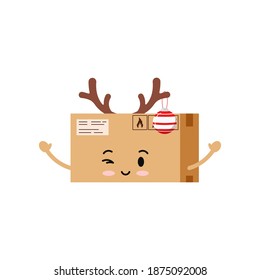 Chistmas parcel box deer character icon isolated on white background. Courier and post delivery xmas cute package happy mascot with deer horns and christmas tree ball. Flat cartoon vector illustration