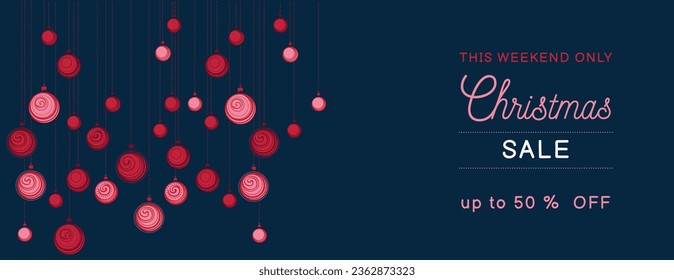 Chistmas sale banner. Christmas  red balls. Horizontal Christmas, Holiday border with text space. Suitable for email header, post in social networks, advertising, events and page cover, banner