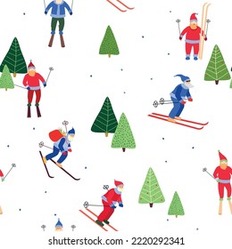 Chistmas seamless pattern with skiing Santas