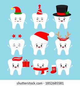 Chistmas smilling teeth dental icon set isolated. Dentist xmas cute white tooth character in santa hat, deer horns, elf, with christmas gift, red sock. Flat design cartoon vector illustration.