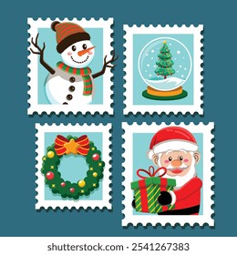 Chistmas stamp with santa claus and snowman in vector