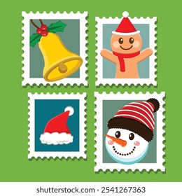 Chistmas stamp with snow man and ginger bread in vector