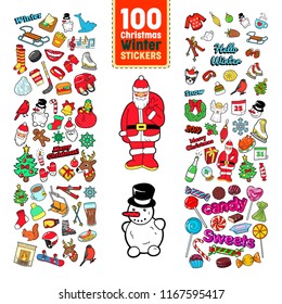 Chistmas Stickers Collection. Winter Holidays Badges, Patches, Elements with Xmas Tree, Santa Claus, Reindeer and Snowman. Vector illustration