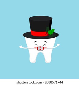 Chistmas tooth in braces or brackets in snowman cylinder hat isolated on background. Dental holiday sign - cute tooth with winter holiday black hat. Flat design cartoon vector stomatology illustration