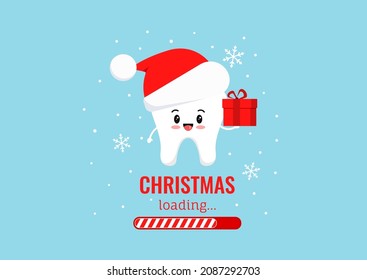 Chistmas tooth with gift in red Santa Claus hat and countdown bar. Tooth Christmas loading text and candy bar progress on offer card or banner. Flat design cartoon xmas vector stomatology illustration