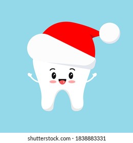 Chistmas tooth in red Santa Claus hat icon isolated on background. Dental holiday sign - white baby tooth wear winter holiday hat. Flat design cartoon style vector stomatology logo illustration. 