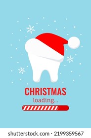 Chistmas tooth in red Santa Claus hat and countdown bar. Tooth Christmas loading text and candy bar progress on offer card or banner background. Flat cartoon xmas vector stomatology illustration