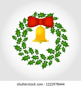 Chistmass wreath with a golden bell and a red bow. Vector illustration