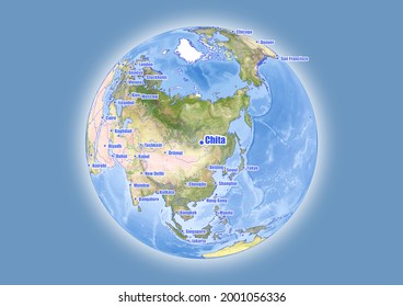 Chita-Russia is shown on vector globe map. The map shows Chita-Russia 's location in the world.
