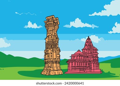 Chittorgarh is a city and municipality in Rajasthan, Kirti Stambh means Tower of Fame is a monument tower in Chittor Fort, Hand drawn sketch illustration in vector.