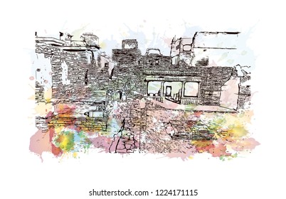 Chittorgarh is a city and municipality in Rajasthan, northwest India. Watercolor splash with Hand drawn sketch illustration in vector.