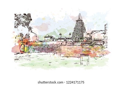 Chittorgarh is a city and municipality in Rajasthan, northwest India. Watercolor splash with Hand drawn sketch illustration in vector.