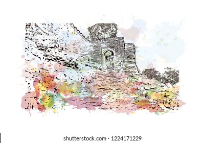 Chittorgarh is a city and municipality in Rajasthan, northwest India. Watercolor splash with Hand drawn sketch illustration in vector.