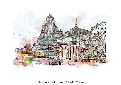 Chittorgarh is a city and municipality in Rajasthan, northwest India. Watercolor splash with Hand drawn sketch illustration in vector.