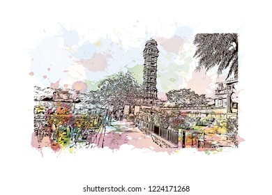 Chittorgarh is a city and municipality in Rajasthan, northwest India. Watercolor splash with Hand drawn sketch illustration in vector.