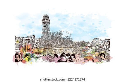 Chittorgarh is a city and municipality in Rajasthan, northwest India. Watercolor splash with Hand drawn sketch illustration in vector.