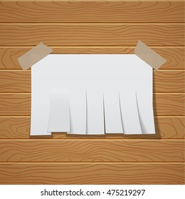 The Chity sheet of paper cut by strips on a wooden wall. The white paper template pasted by an adhesive tape with a shadow. Vector realistic illustration.