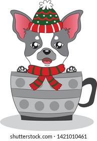 Chiuahua Dog Cartoon in a Red Big Santa's Cap and a Knitted Scarf, Sitting in a Cup. Colored Vector for Card or Gift. 