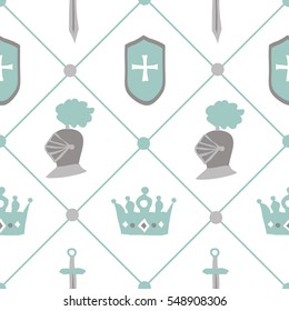 Chivalrous tournament vector seamless pattern. Vintage knightly medieval background perfect for baby boy fabric textile or decorative wrapping paper