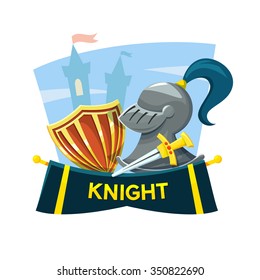 Chivalry concept design with the attributes of the knight and the castle in the background, vector illustration
