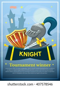 Chivalry concept design with the attributes of the knight and the castle poster, vector illustration