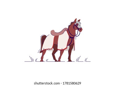 Chivalry semi flat RGB color vector illustration. Mounted animal for knight to ride in battle. War crusader. Fighter tournament. Horse in heraldic armor isolated cartoon character on white background