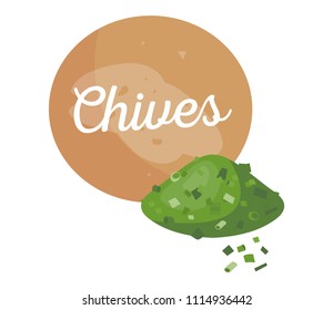 Chives banner and title spice, plant powder, dry aromatic herb, seasoning organic cooking condiment vector illustration isolated on white background